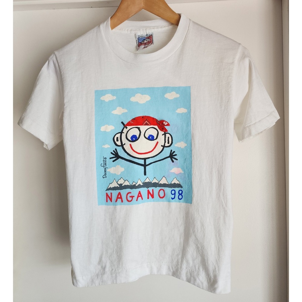 VTG 90s Danny First Nagano 98 Olympics T-Shirt M White Puff Print Bandana USA
